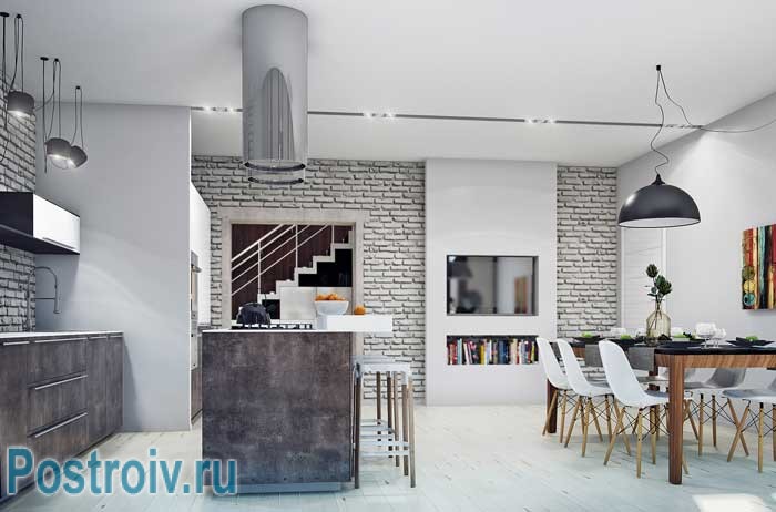 Кухня в современном стиле лофт. Остров на кухне. Фото