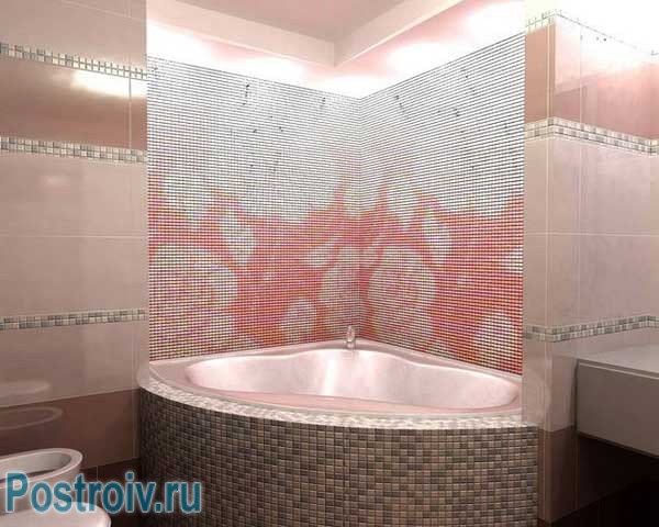 Мозаика на стенах в ванной комнате с угловой ванной. Фото Мозаика на стенах в ванной комнате с угловой ванной. Фото